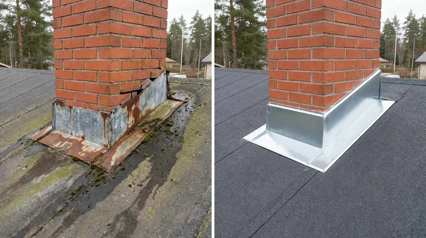 Ennen ja jälkeen -kuva: ruosteiset ja vuotavat juuripellit (vasen) ja uudet sinkityt juuripellit (oikea)