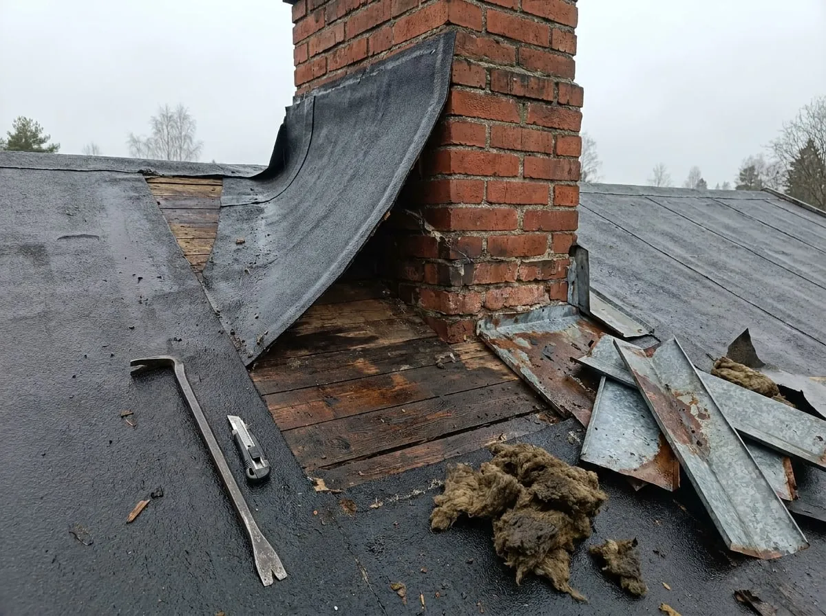 Avattu kattorakenne piipun juuressa, vanha villa ja pelti irti