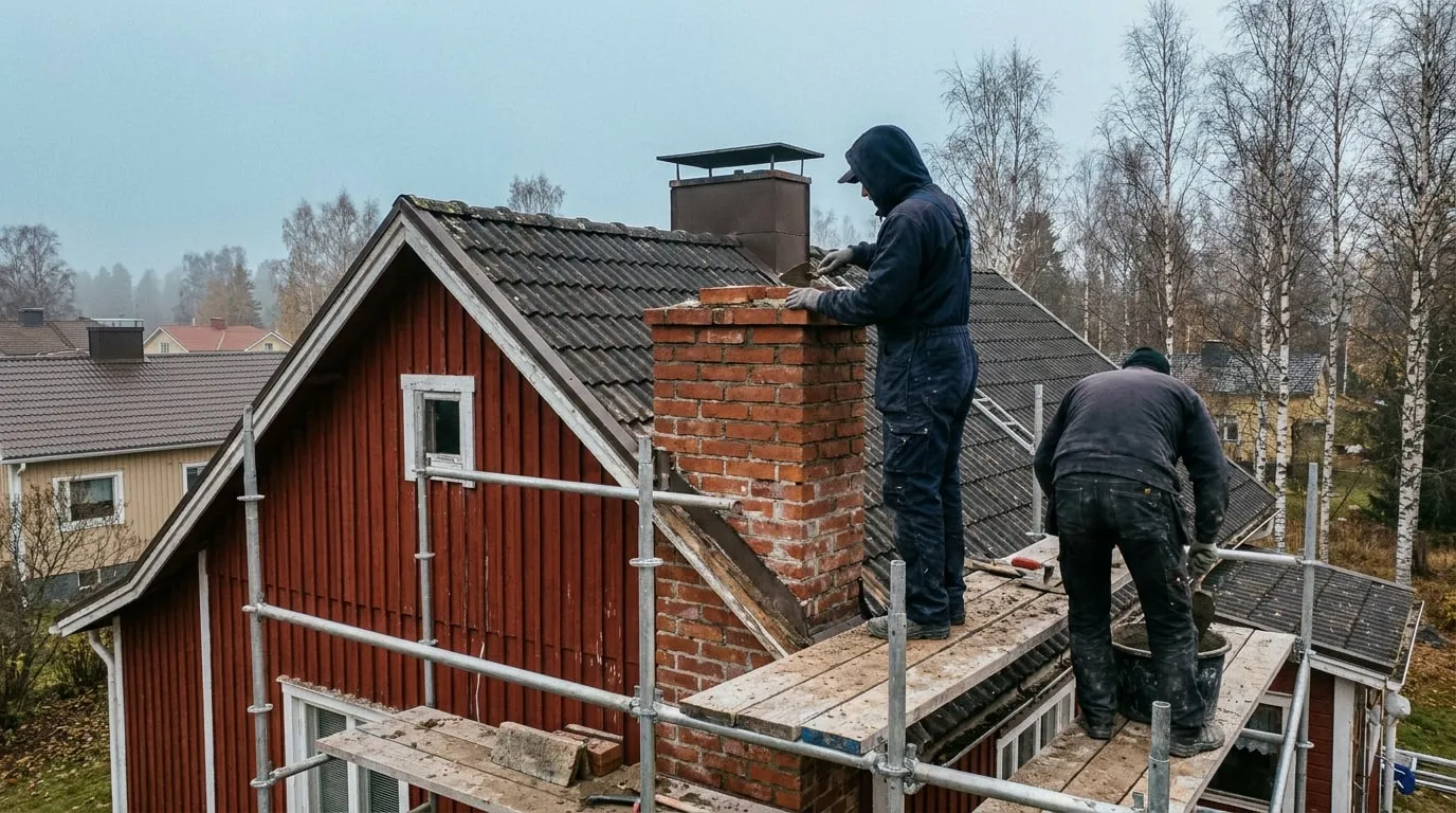 Savupiipunkorjaajat työn aikana telineillä vanhan suomalaisen omakotitalon harjakatolla